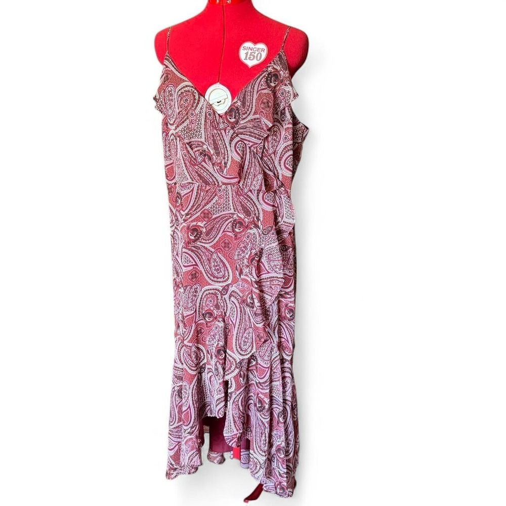 Express Burgundy Paisley Ruffle Faux Wrap Maxi Dress & Adjustable Straps Size XL